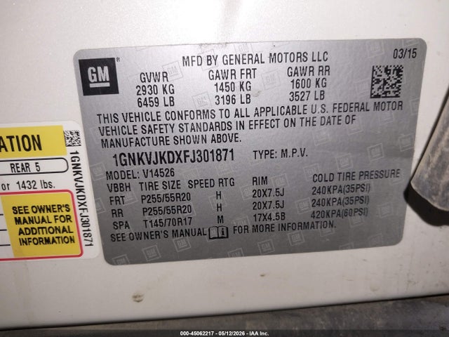 45062217 :رقم المزاد ، 1GNKVJKDXFJ301871 vin ، 2015 Chevrolet Traverse Ltz مزاد بيع
