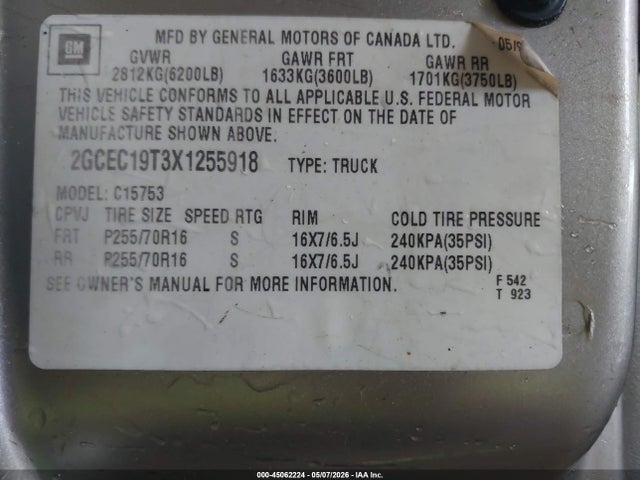 Auction sale of the 1999 Chevrolet Silverado 1500 Ls, vin: 2GCEC19T3X1255918, lot number: 45062224