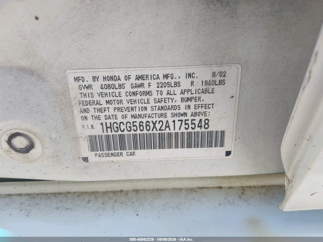 Продаж на аукціоні авто 2002 Honda Accord 2.3 Ex, vin: 1HGCG566X2A175548, номер лоту: 45062226
