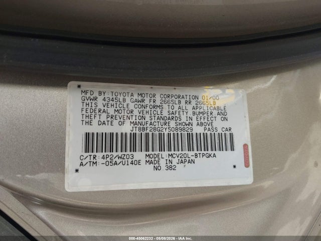 45062232 :رقم المزاد ، JT8BF28G2Y5089829 vin ، 2000 Lexus Es 300 مزاد بيع