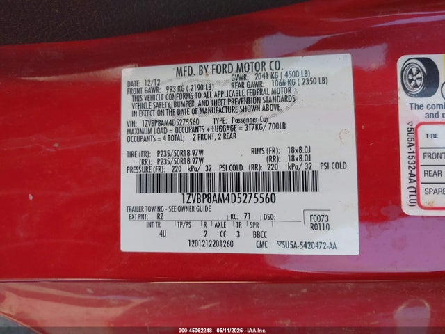 Aukcja sprzedaży 2013 Ford Mustang V6 Premium, vin: 1ZVBP8AM4D5275560, numer aukcji: 45062248