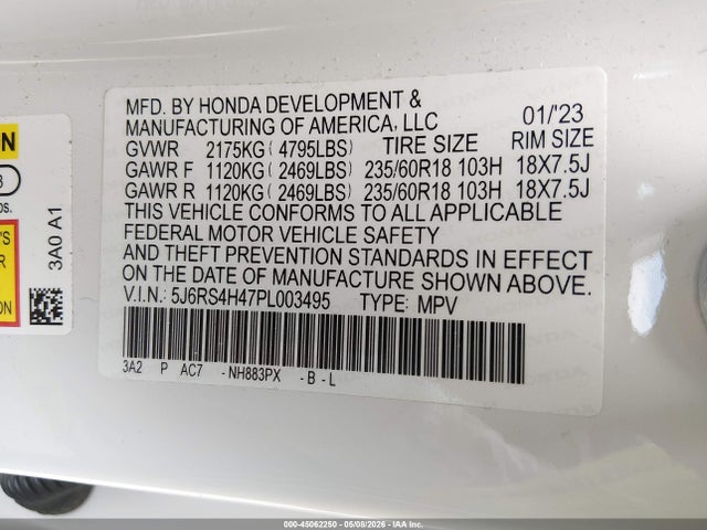 45062250 :رقم المزاد ، 5J6RS4H47PL003495 vin ، 2023 Honda Cr-v Ex Awd مزاد بيع