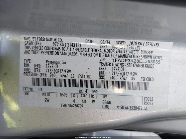 2014 Ford Focus Se მანქანა იყიდება აუქციონზე, vin: 1FADP3K28EL353935, აუქციონის ნომერი: 45062253
