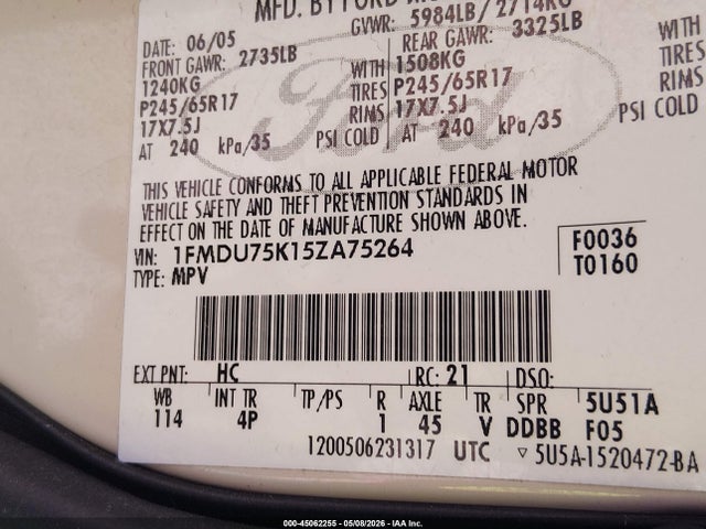 45062255 :رقم المزاد ، 1FMDU75K15ZA75264 vin ، 2005 Ford Explorer Limited مزاد بيع