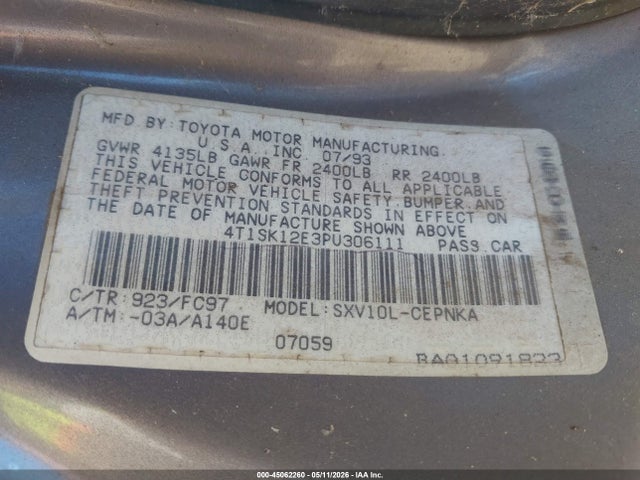 Продаж на аукціоні авто 1993 Toyota Camry Le, vin: 4T1SK12E3PU306111, номер лоту: 45062260