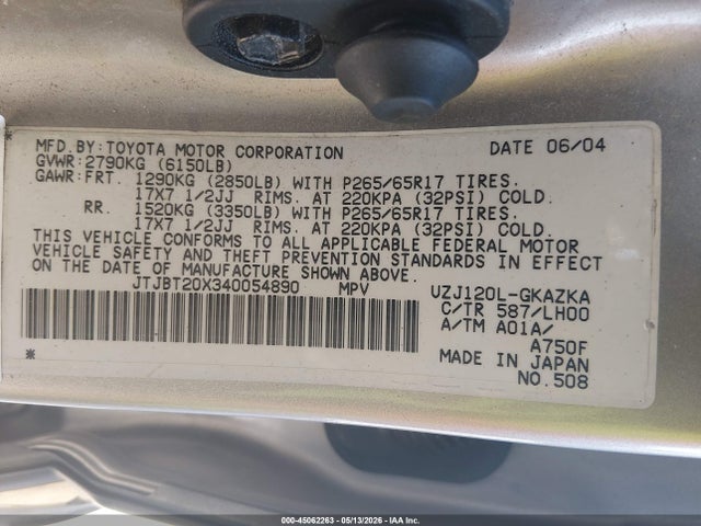 Продаж на аукціоні авто 2004 Lexus Gx 470, vin: JTJBT20X340054890, номер лоту: 45062263