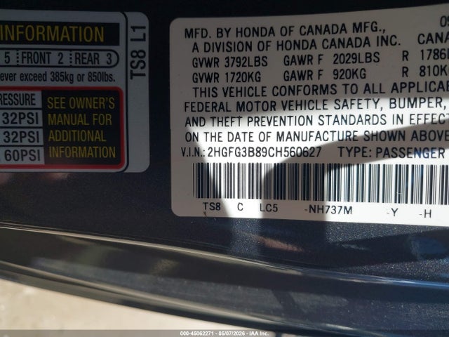 45062271 :رقم المزاد ، 2HGFG3B89CH560627 vin ، 2012 Honda Civic Ex مزاد بيع