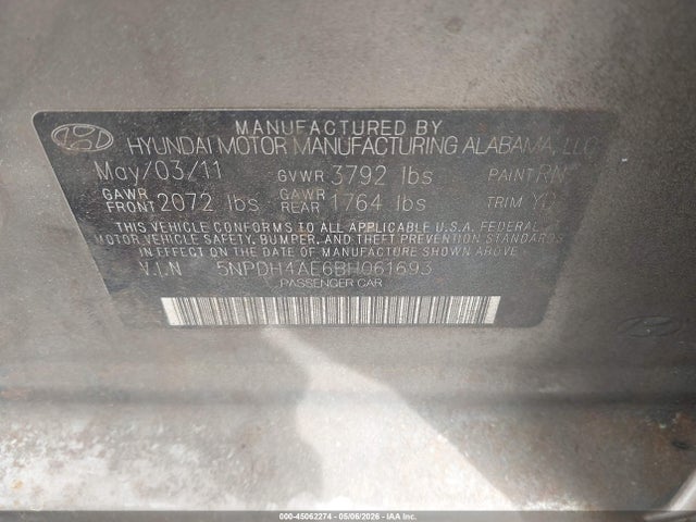 Aukcja sprzedaży 2011 Hyundai Elantra Gls, vin: 5NPDH4AE6BH061693, numer aukcji: 45062274