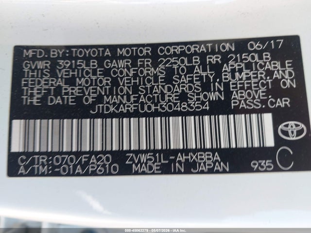 JTDKARFU0H3048354 Toyota Prius Two Eco