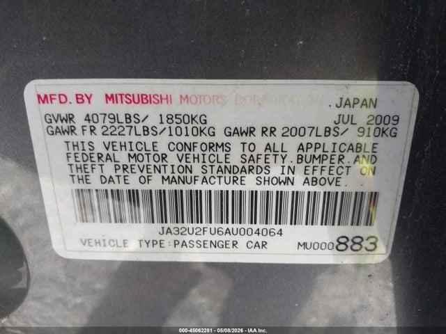 45062281 :رقم المزاد ، JA32U2FU6AU004064 vin ، 2010 Mitsubishi Lancer Es مزاد بيع
