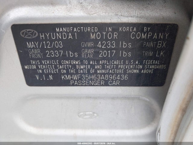 2003 Hyundai Sonata Gls/lx მანქანა იყიდება აუქციონზე, vin: KMHWF35H63A896436, აუქციონის ნომერი: 45062282