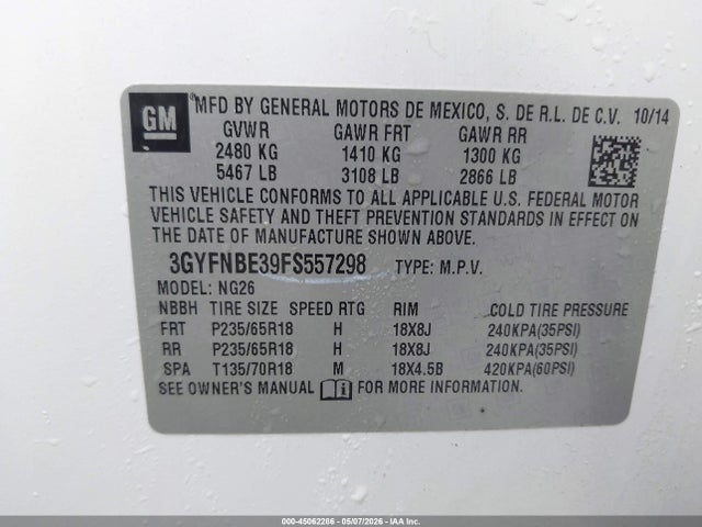2015 Cadillac Srx Luxury Collection მანქანა იყიდება აუქციონზე, vin: 3GYFNBE39FS557298, აუქციონის ნომერი: 45062286