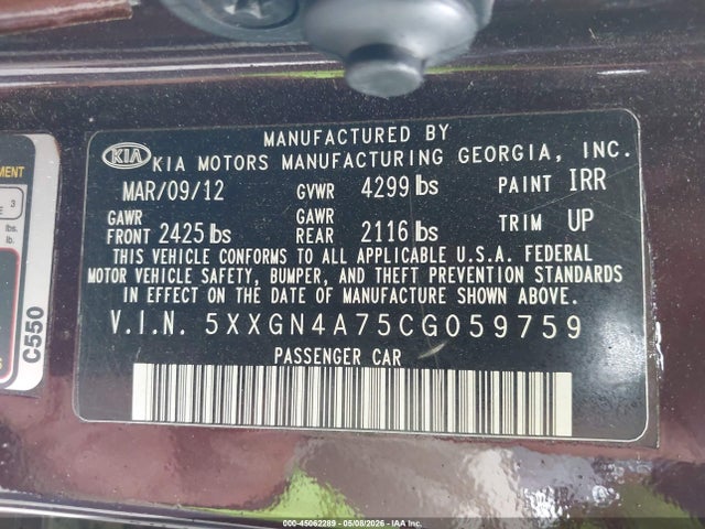 Aukcja sprzedaży 2012 Kia Optima Ex, vin: 5XXGN4A75CG059759, numer aukcji: 45062289