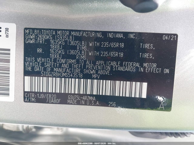 Продажа на аукционе авто 2021 Toyota Highlander Xle, vin: 5TDGZRBH3MS543518, номер лота: 45062299