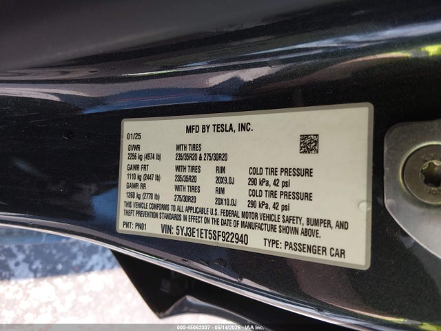 Auction sale of the 2025 Tesla Model 3 Performance All-wheel Drive, vin: 5YJ3E1ET5SF922940, lot number: 45062307