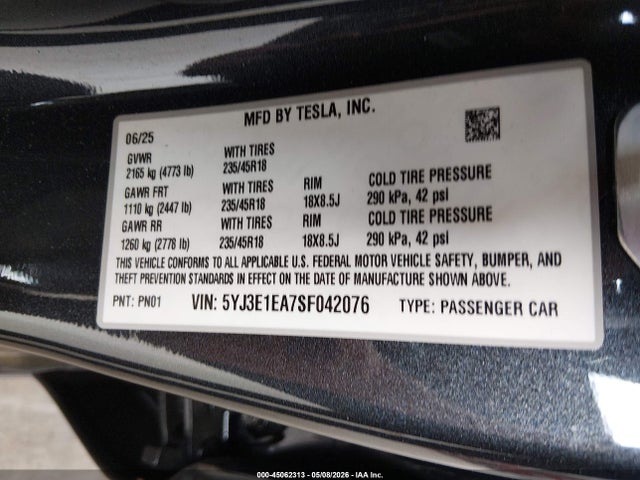 2025 Tesla Model 3 Long Range Rear-wheel Drive/standard Rear-wheel Drive მანქანა იყიდება აუქციონზე, vin: 5YJ3E1EA7SF042076, აუქციონის ნომერი: 45062313