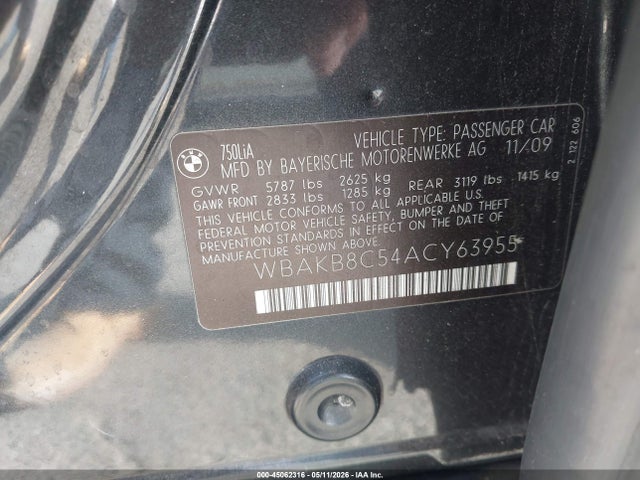 Aukcja sprzedaży 2010 Bmw 750li, vin: WBAKB8C54ACY63955, numer aukcji: 45062316
