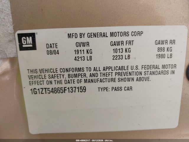 Продаж на аукціоні авто 2005 Chevrolet Malibu Ls, vin: 1G1ZT54865F137159, номер лоту: 45062317