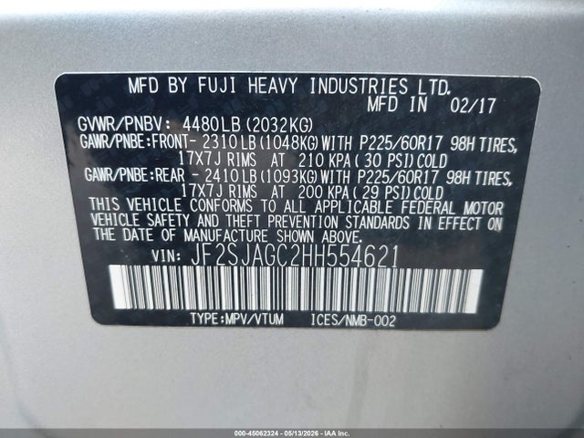 Aukcja sprzedaży 2017 Subaru Forester 2.5i Premium, vin: JF2SJAGC2HH554621, numer aukcji: 45062324