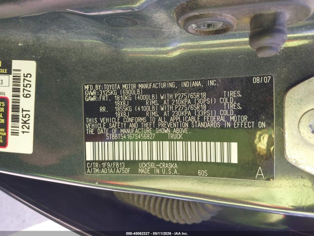 Продаж на аукціоні авто 2007 Toyota Tundra Sr5 4.7l V8, vin: 5TBBT54167S456827, номер лоту: 45062327