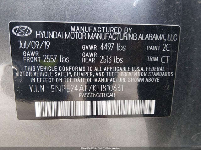 Aukcja sprzedaży 2019 Hyundai Sonata Se, vin: 5NPE24AF7KH810631, numer aukcji: 45062328