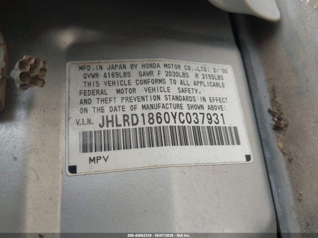 Продаж на аукціоні авто 2000 Honda Cr-v Ex, vin: JHLRD1860YC037931, номер лоту: 45062339