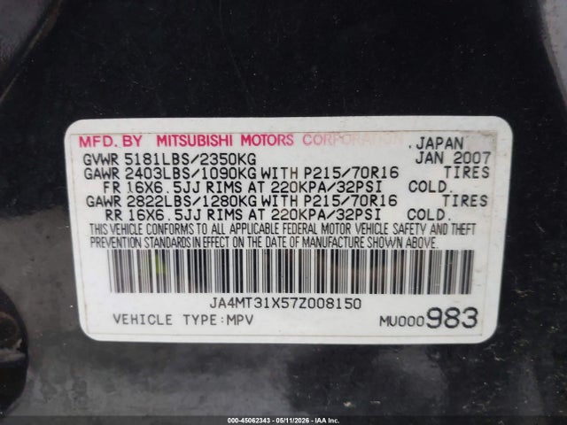 Aukcja sprzedaży 2007 Mitsubishi Outlander Ls, vin: JA4MT31X57Z008150, numer aukcji: 45062343