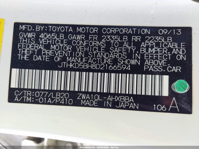 Aukcja sprzedaży 2013 Lexus Ct 200h, vin: JTHKD5BH8D2166594, numer aukcji: 45062345