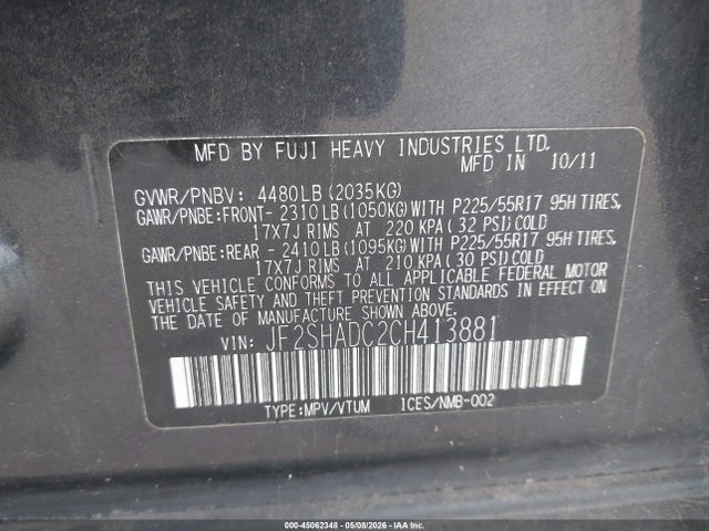 2012 Subaru Forester 2.5x Premium მანქანა იყიდება აუქციონზე, vin: JF2SHADC2CH413881, აუქციონის ნომერი: 45062348