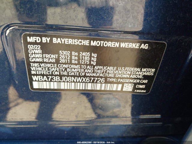 Продажа на аукционе авто 2022 Bmw 540 I Xdrive, vin: WBA73BJ08NWX67726, номер лота: 45062360