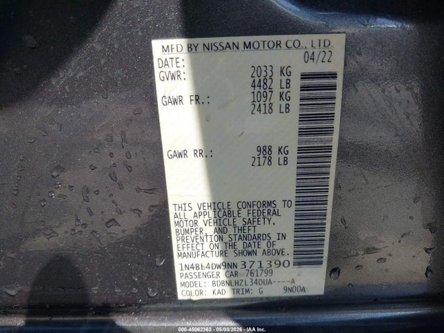45062363 :رقم المزاد ، 1N4BL4DW9NN371390 vin ، 2022 Nissan Altima Sv Intelligent Awd مزاد بيع