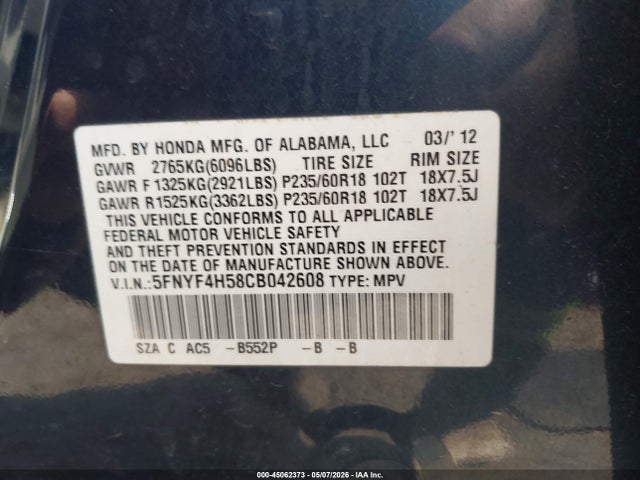 Aukcja sprzedaży 2012 Honda Pilot Ex-l, vin: 5FNYF4H58CB042608, numer aukcji: 45062373