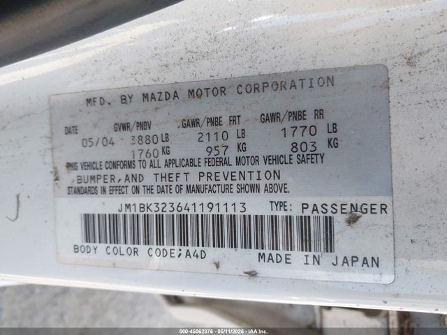 2004 Mazda Mazda3 S მანქანა იყიდება აუქციონზე, vin: JM1BK323641191113, აუქციონის ნომერი: 45062376