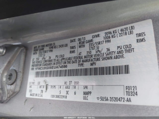 45062377 :رقم المزاد ، 1FMCU0GX6EUA74586 vin ، 2014 Ford Escape Se مزاد بيع