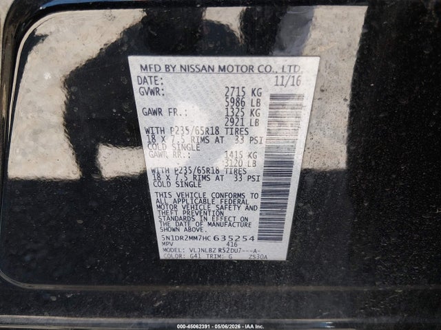 Aukcja sprzedaży 2017 Nissan Pathfinder S, vin: 5N1DR2MM7HC635254, numer aukcji: 45062391