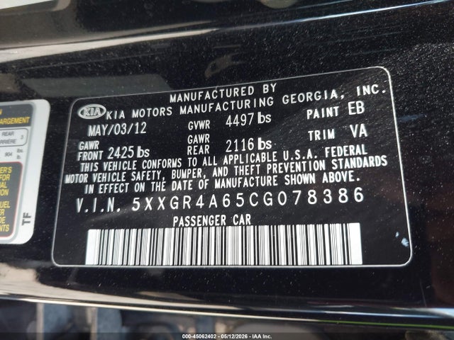 Продажа на аукционе авто 2012 Kia Optima Sx, vin: 5XXGR4A65CG078386, номер лота: 45062402