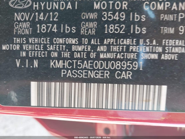 2013 Hyundai Accent Gs მანქანა იყიდება აუქციონზე, vin: KMHCT5AE0DU089591, აუქციონის ნომერი: 45062403