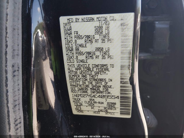 2004 Nissan Frontier Sc-v6 მანქანა იყიდება აუქციონზე, vin: 1N6MD27Y64C409554, აუქციონის ნომერი: 45062418
