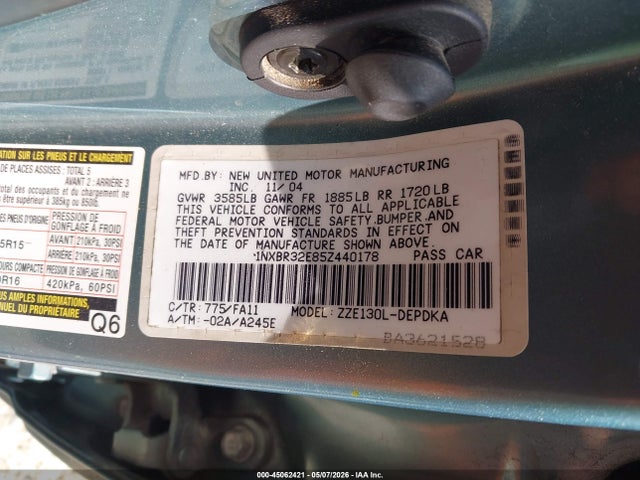 45062421 :رقم المزاد ، 1NXBR32E85Z440178 vin ، 2005 Toyota Corolla Ce مزاد بيع