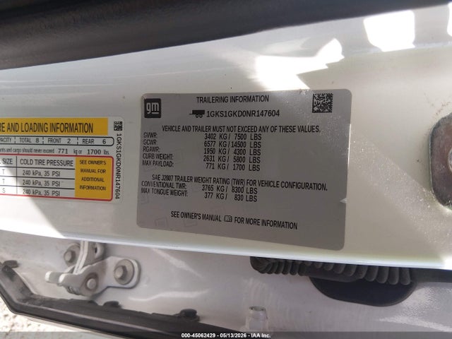 Aukcja sprzedaży 2022 Gmc Yukon Xl 2wd Slt, vin: 1GKS1GKD0NR147604, numer aukcji: 45062429