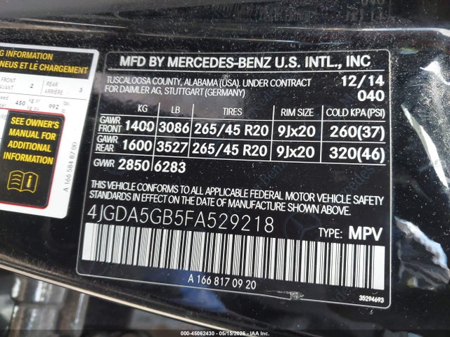 45062430 :رقم المزاد ، 4JGDA5GB5FA529218 vin ، 2015 Mercedes-benz Ml 400 4matic مزاد بيع