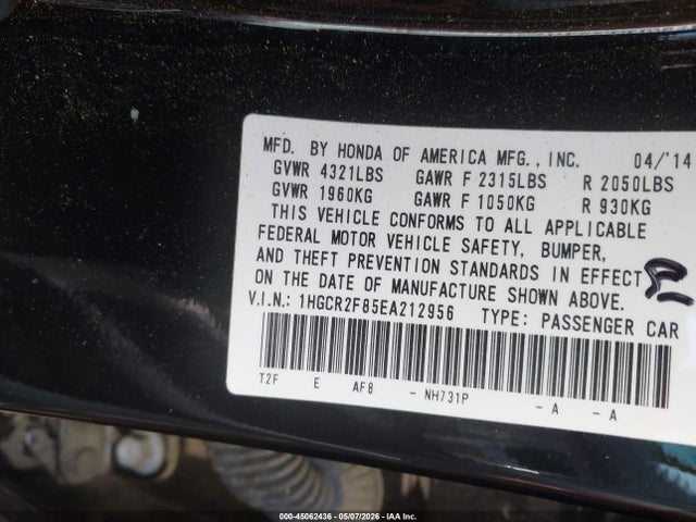 45062436 :رقم المزاد ، 1HGCR2F85EA212956 vin ، 2014 Honda Accord Ex-l مزاد بيع