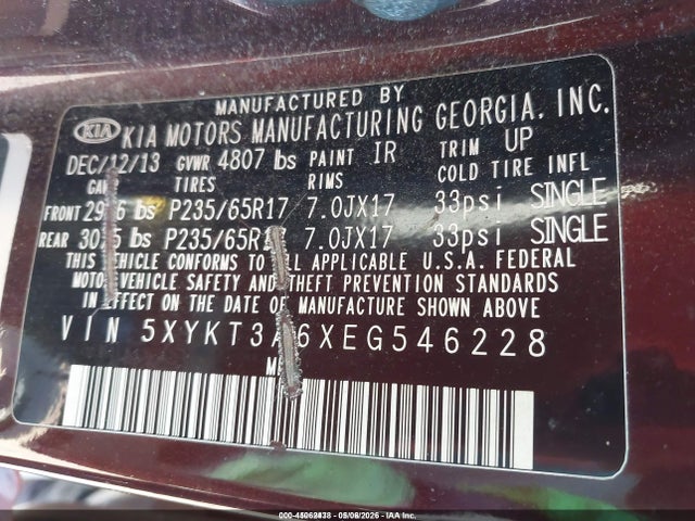 Продажа на аукционе авто 2014 Kia Sorento Lx, vin: 5XYKT3A6XEG546228, номер лота: 45062438