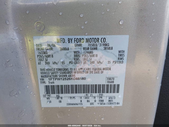 Aukcja sprzedaży 2006 Ford F-150 Lariat/xlt, vin: 1FTPW12526KD88180, numer aukcji: 45062440