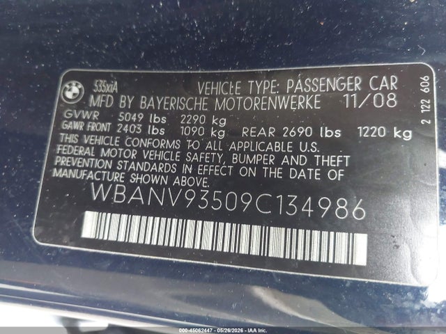 Продажа на аукционе авто 2009 Bmw 535i Xdrive, vin: WBANV93509C134986, номер лота: 45062447