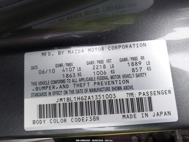 45062455 :رقم المزاد ، JM1BL1H62A1351003 vin ، 2010 Mazda Mazda3 S Sport مزاد بيع