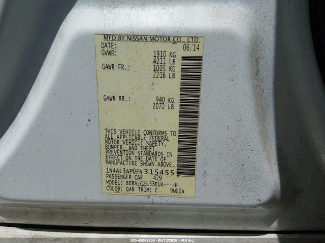 Aukcja sprzedaży 2015 Nissan Altima 2.5 S, vin: 1N4AL3AP0FN315455, numer aukcji: 45062456