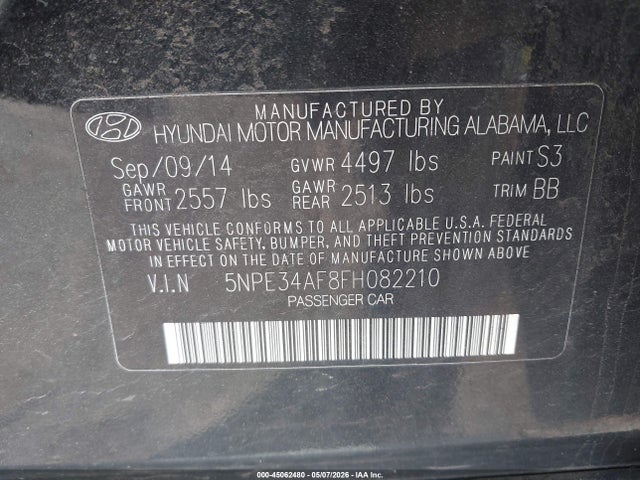 Auction sale of the 2015 Hyundai Sonata Sport, vin: 5NPE34AF8FH082210, lot number: 45062480