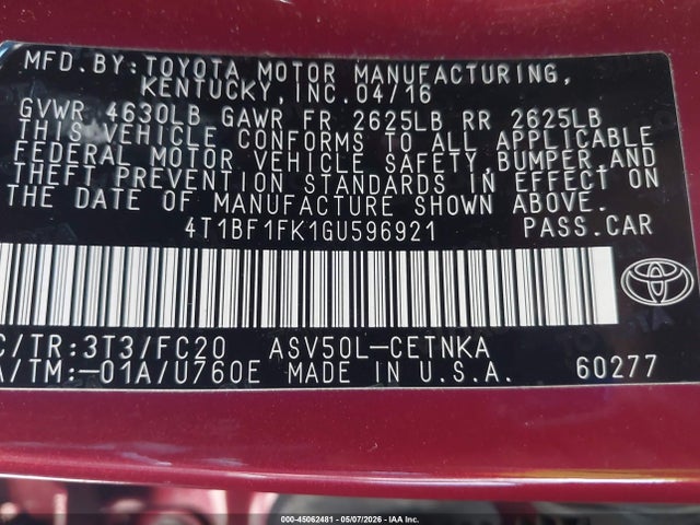 4T1BF1FK1GU596921 Toyota CAMRY LE