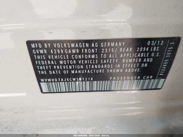 2012 Volkswagen Gti 4-door მანქანა იყიდება აუქციონზე, vin: WVWHD7AJ6CW301218, აუქციონის ნომერი: 45062486